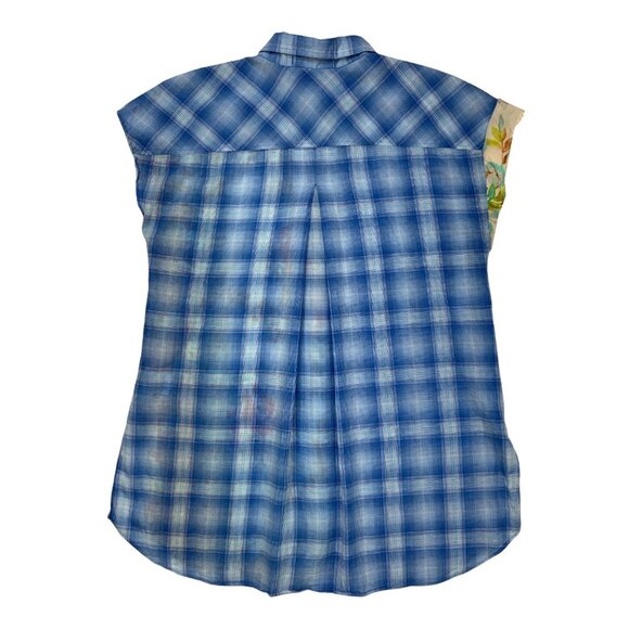 Johnny Was 3J Workshop Blouse S Blue Plaid Floral Silk Blend - Picture 12 of 13